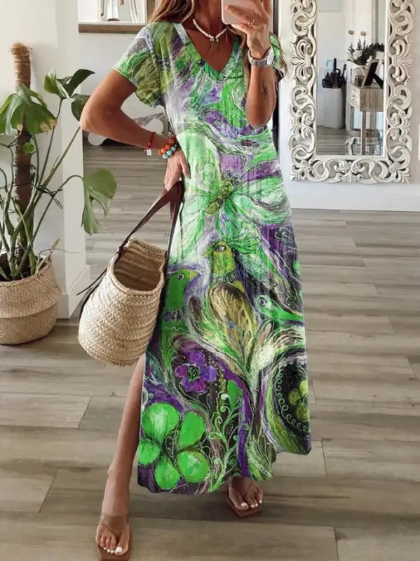 Women’s V-neck Short Sleeve Multi-color Printing Dress - Trendy Mix