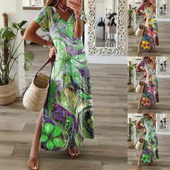 Women’s V-neck Short Sleeve Multi-color Printing Dress - Trendy Mix