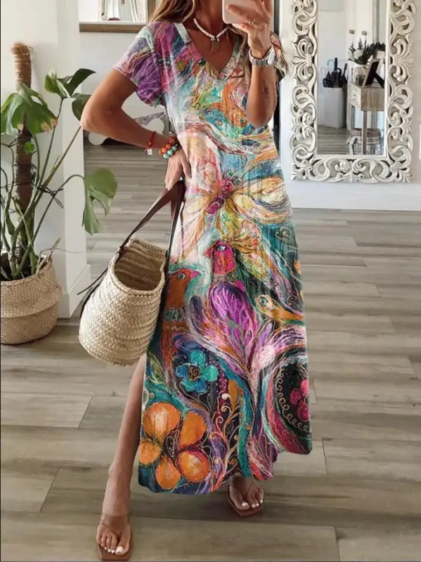 Women’s V-neck Short Sleeve Multi-color Printing Dress - Trendy Mix